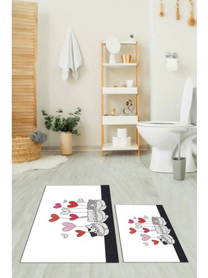 Evdeya Dijital Baskılı Yıkanabilir Kalipli Kediler Desenli Ikili Banyo Halısı, Klozet-42-Beyaz,