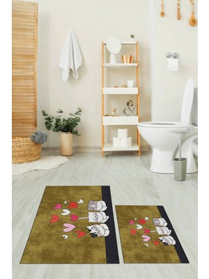 Evdeya Dijital Baskılı Yıkanabilir Kalipli Kediler Desenli Ikili Banyo Halısı, Klozet-42-Kahve,