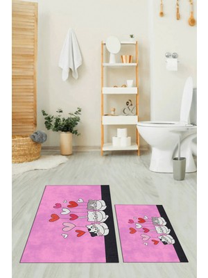 Evdeya Dijital Baskılı Yıkanabilir Kalipli Kediler Desenli Ikili Banyo Halısı, Klozet-42-Pembe,
