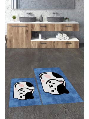 Evdeya 3d Dijital Baskılı Yıkanabilir Kedi Desenli Ikili Banyo Halısı Paspas, Klozet-43-Mavi,
