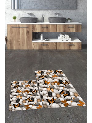 Evdeya 3d Dijital Baskılı Yıkanabilir Kelebek Desenli Ikili Banyo Halısı Paspas, Klozet-44-Kahve,