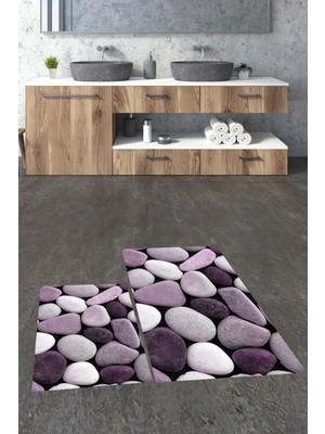 Evdeya 3d Renkli Taş Desenli Yıkanabilir Kolay Silinir Ikili Banyo Halısı Paspas, Klozet-46-Mor,
