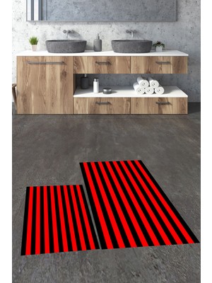 Evdeya Dijital Baskılı Yıkanabilir Çizgili Modern Ikili Banyo Halısı Paspas, Klozet-50-Kırmızı,