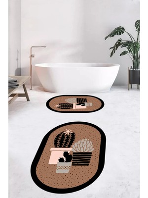 Evdeya Dijital Baskılı Yıkanabilir Kaktüs Çiçek Desenli Ikili Oval Banyo Halısı, Klozet-22-Kahve,