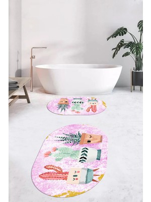 Evdeya Dijital Baskılı Yıkanabilir Renkli Kaktüs Desenli Ikili Banyo Halısı Oval, Klozet-24-Pembe,