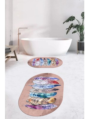 Evdeya Dijital Baskılı Yıkanabilir Renkli Etnik Yaprak Desen Ikili Banyo Halısı Oval, Klozet-25-Kahve,