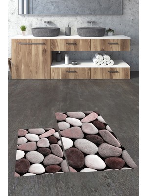 Evdeya 3d Renkli Taş Desenli Yıkanabilir Kolay Silinir Ikili Banyo Halısı Paspas, Klozet-46-Pembe,
