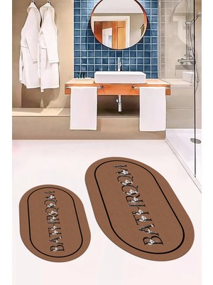 Evdeya Dijital Baskılı Yıkanabilir Çerçeveli Bathroom Yazılı Oval Banyo Paspası, Klozet-06-Kahve,