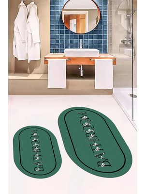 Evdeya Dijital Baskılı Yıkanabilir Çerçeveli Bathroom Yazılı Oval Banyo Paspası, Klozet-06-Yeşil,