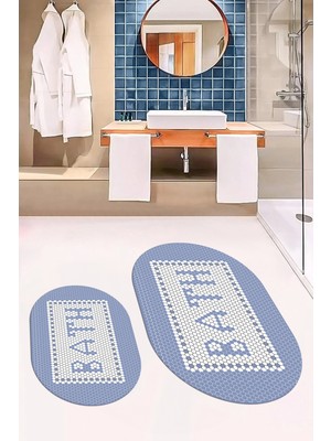 Evdeya Dijital Baskılı Mozaik Desenli Bath Yazılı Ikili Oval Banyo Paspası, Klozet-07-Mavi,