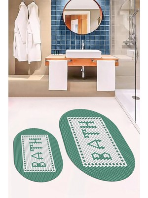Evdeya Dijital Baskılı Mozaik Desenli Bath Yazılı Ikili Oval Banyo Paspası, Klozet-07-Yeşil,