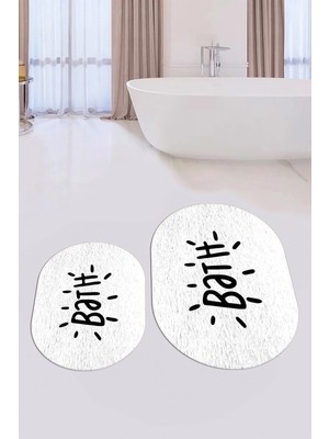 Evdeya Dijital Baskılı Yıkanabilir Bath Yazılı Ikili Oval Banyo Halısı Paspas, Klozet-09-Beyaz,