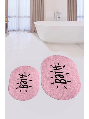 Evdeya Dijital Baskılı Yıkanabilir Bath Yazılı Ikili Oval Banyo Halısı Paspas, Klozet-09-Pembe,