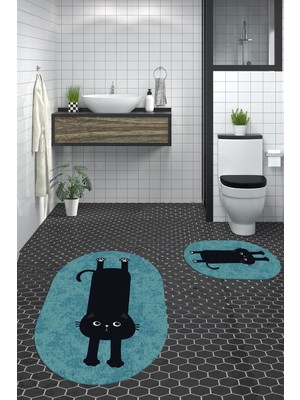 Evdeya Dijital Baskılı Yıkanabilir Sevimli Kedi Ikili Banyo Halısı Paspas Oval, Klozet-39-Mavi,