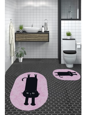 Evdeya Dijital Baskılı Yıkanabilir Sevimli Kedi Ikili Banyo Halısı Paspas Oval, Klozet-39-Pembe,