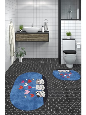 Evdeya Dijital Baskılı Yıkanabilir Kalipli Kediler Desenli Ikili Banyo Halısı Oval, Klozet-42-Mavi,