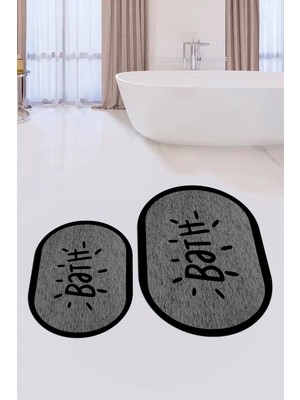 Evdeya Dijital Baskılı Yıkanabilir Çerçeveli Bath Yazılı Ikili Oval Banyo Halısı Paspas, Klozet-10-Gri,