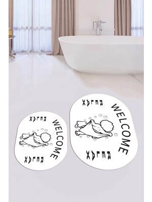 Evdeya Dijital Baskılı Modern Yıkanabilir Ikili Oval Banyo Halısı Paspas, Klozet-11-Beyaz,