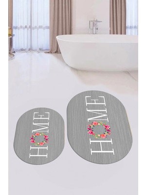 Evdeya Dijital Baskılı Yıkanabilir Çiçekli Home Yazılı Ikili Oval Banyo Halısı Paspas, Klozet-12-Gri,