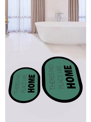 Evdeya Dijital Baskılı Yıkanabilir Home Yazılı Ikili Oval Banyo Halısı Paspas, Klozet-13-Yeşil,