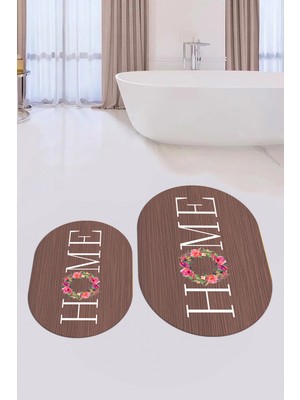 Evdeya Dijital Baskılı Yıkanabilir Çiçekli Home Yazılı Ikili Oval Banyo Halısı Paspas, Klozet-12-Kahve,