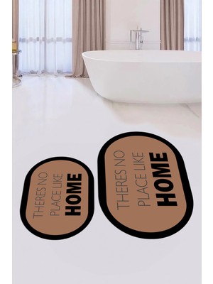 Evdeya Dijital Baskılı Yıkanabilir Home Yazılı Ikili Oval Banyo Halısı Paspas, Klozet-13-Kahve,
