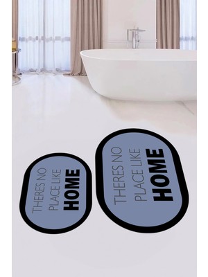 Evdeya Dijital Baskılı Yıkanabilir Home Yazılı Ikili Oval Banyo Halısı Paspas, Klozet-13-Mavi,