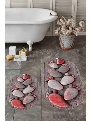 Evdeya 3d Dijital Baskılı Yıkanabilir Ayak Izi Desenli Ikili Oval Banyo Halısı Paspas, Klozet-15-Kırmızı,