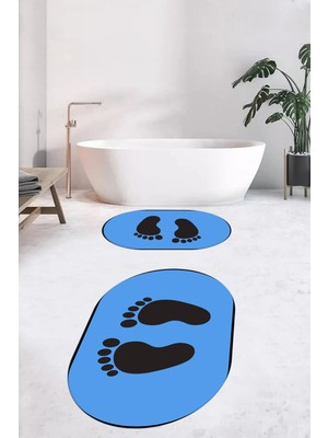 Evdeya Dijital Baskılı Yıkanabilir Sade Ayak Izi Desenli Ikili Oval Banyo Halısı, Klozet-21-Mavi,