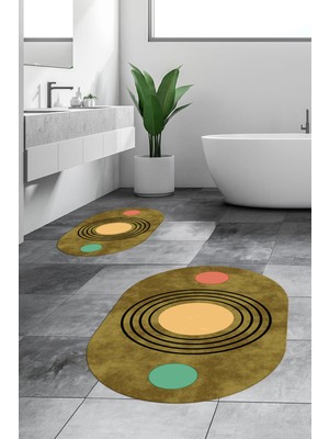 Evdeya Dijital Baskılı Yıkanabilir Modern Ikili Banyo Halısı Paspas Oval, Klozet-49-Kahve,