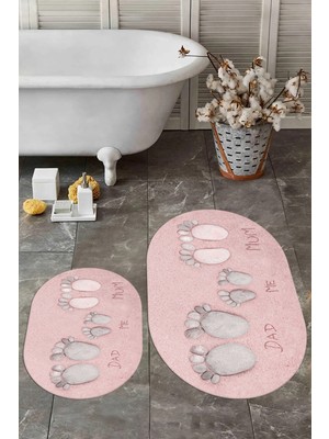Evdeya 3d Dijital Baskılı Yıkanabilir Anne Baba Çocuk Ikili Oval Banyo Halısı, Klozet-16-Pembe,