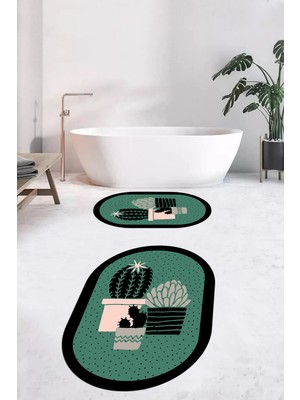Evdeya Dijital Baskılı Yıkanabilir Kaktüs Çiçek Desenli Ikili Oval Banyo Halısı, Klozet-22-Yeşil,