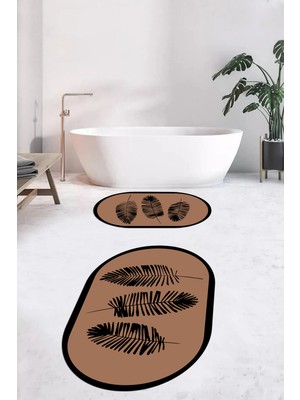 Evdeya Dijital Baskılı Yıkanabilir Renkli Yapraklı Desen Ikili Banyo Halısı Oval, Klozet-26-Kahve,