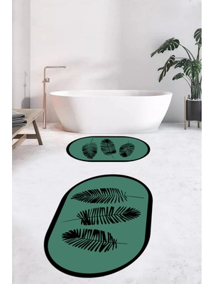 Evdeya Dijital Baskılı Yıkanabilir Renkli Yapraklı Desen Ikili Banyo Halısı Oval, Klozet-26-Yeşil,