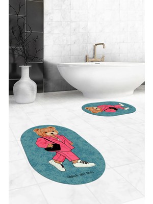 Evdeya Dijital Baskılı Yıkanabilir Ayıcık Desenli Ikili Banyo Halısı Paspas Oval, Klozet-34-Mavi,