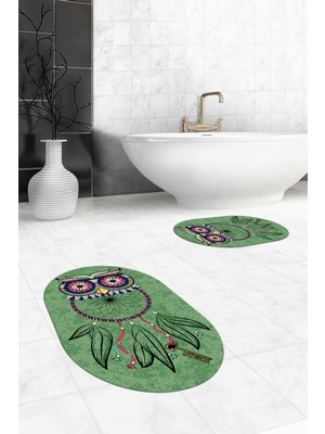 Evdeya Dijital Baskılı Yıkanabilir Baykuş Desenli Ikili Banyo Halısı Paspas Oval, Klozet-35-Yeşil,