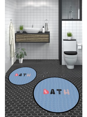 Evdeya Dijital Baskılı Yıkanabilir Renkli Bath Yazılı Ikili Yuvarlak Banyo Paspası, Klozet-08-Mavi,