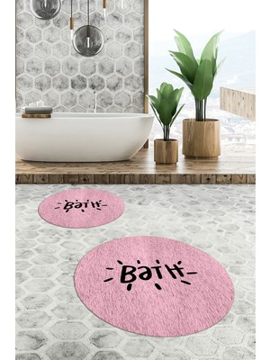 Evdeya Dijital Baskılı Yıkanabilir Bath Yazılı Ikili Yuvarlak Banyo Halısı Paspas, Klozet-09-Pembe,
