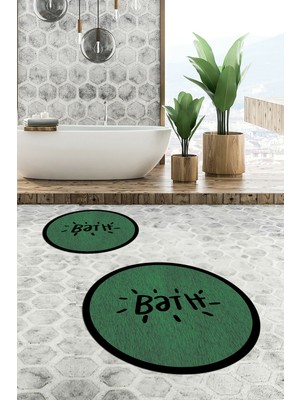 Evdeya Dijital Baskılı Yıkanabilir Çerçeveli Bath Yazılı Ikili Yuvarlak Banyo Halısı Paspas, Klozet-10-Yeşil,