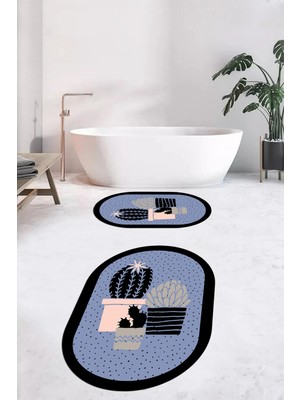 Evdeya Dijital Baskılı Yıkanabilir Kaktüs Çiçek Desenli Ikili Oval Banyo Halısı, Klozet-22-Mavi,