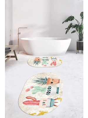 Evdeya Dijital Baskılı Yıkanabilir Renkli Kaktüs Desenli Ikili Banyo Halısı Oval, Klozet-24-Kahve,