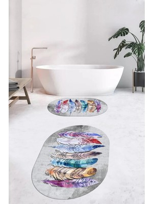 Evdeya Dijital Baskılı Yıkanabilir Renkli Etnik Yaprak Desen Ikili Banyo Halısı Oval, Klozet-25-Gri,