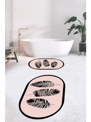 Evdeya Dijital Baskılı Yıkanabilir Renkli Yapraklı Desen Ikili Banyo Halısı Oval, Klozet-26-Pembe,