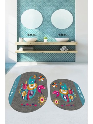 Evdeya Dijital Baskılı Yıkanabilir Renkli Fil Desenli Ikili Banyo Halısı Paspas Oval, Klozet-31-Gri,