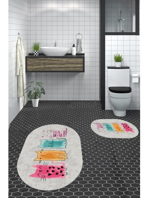 Evdeya Dijital Baskılı Yıkanabilir Renkli Kediler Desenli Ikili Banyo Halısı Oval, Klozet-41-Gri,