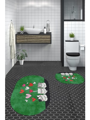 Evdeya Dijital Baskılı Yıkanabilir Kalipli Kediler Desenli Ikili Banyo Halısı Oval, Klozet-42-Yeşil,