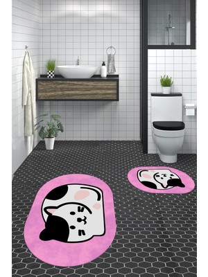 Evdeya 3d Dijital Baskılı Yıkanabilir Kedi Desenli Ikili Banyo Halısı Paspas Oval, Klozet-43-Pembe,