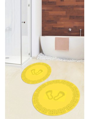 Evdeya Dijital Baskılı Yıkanabilir Çerçeveli Ayak Izi Desenli Ikili Yuvarlak Banyo Halısı, Klozet-18-Sarı,