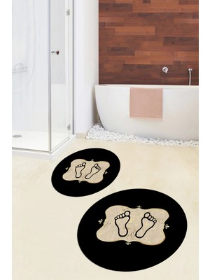 Evdeya Dijital Baskılı Yıkanabilir Modern Ayak Izi Desenli Ikili Yuvarlak Banyo Halısı, Klozet-20-Gold,