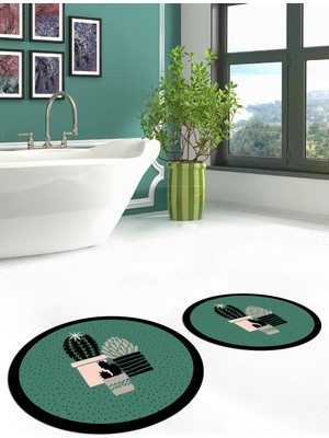 Evdeya Dijital Baskılı Yıkanabilir Kaktüs Çiçek Desenli Ikili Yuvarlak Banyo Halısı, Klozet-22-Yeşil,